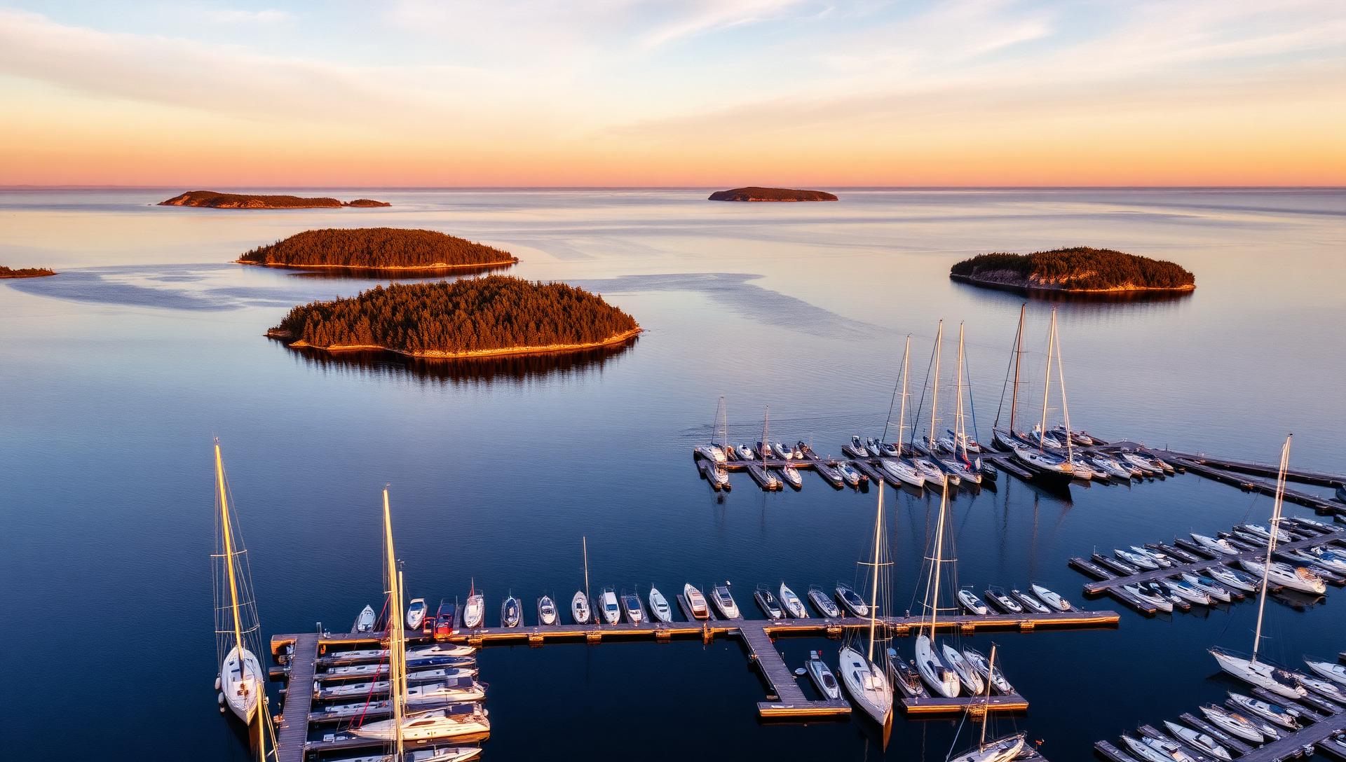 Sunset over a Nordic marina with boats and islands